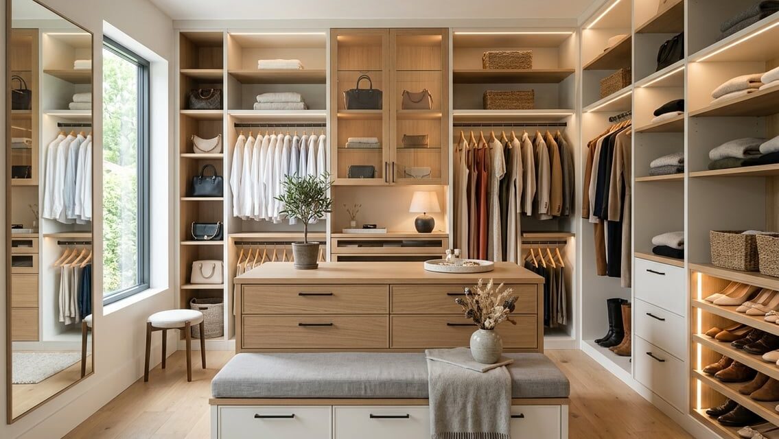 Inspiration til walk-in closet – idéer til garderobe, lys og opbevaring